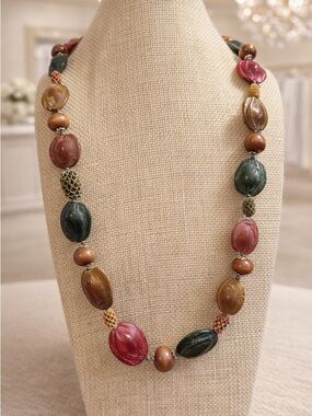 Vintage Multicolor Bead Necklace 34 Inch Red Green Brown Cocktail Statement